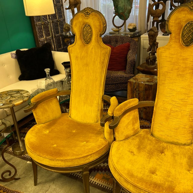 American of Martinsville Gothic Revival Hollywood Regency High Back Gold Velvet and Wood Frame Chairs a Pair For Sale - Image 4 of 12