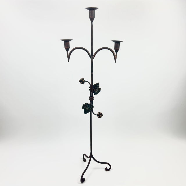 Metal Hand Forged Iron Floor Candelabra 48.5″ (123cm) Antique Copper Patina 3-Arm Balanced Scroll Candle Holder Rustic Decor For Sale - Image 7 of 8