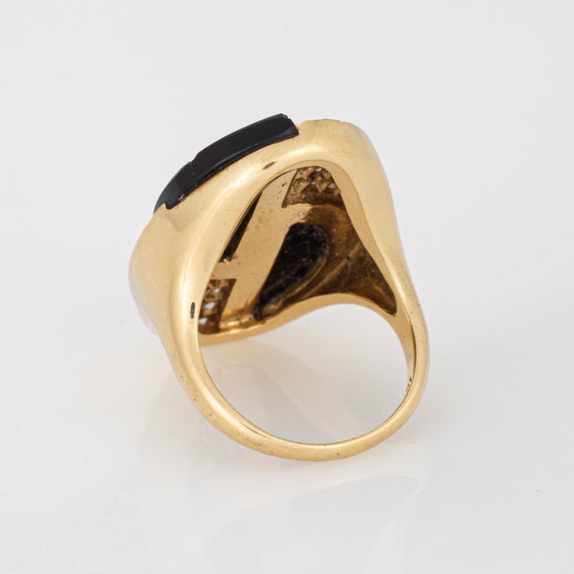 70s Vintage Onyx Diamond Large Cocktail Ring 18k Yellow Gold 7.25 Oval Jewelry For Sale - Image 4 of 6