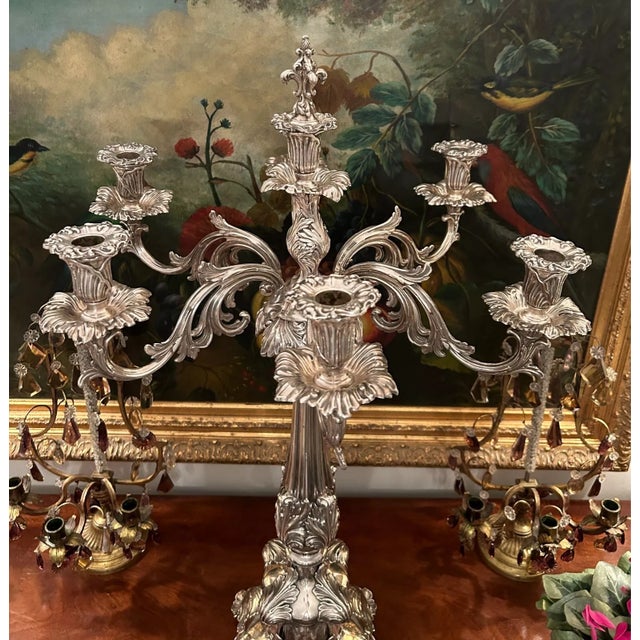 Monumental 19th Century English Old Sheffield Silver Plate Seven Light Candelabrum / Candelabra. This grand piece rests on...
