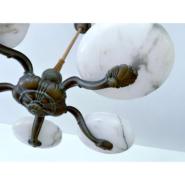 Large Art Deco Alabaster and Bronze Chandelier, 1930s For Sale - Image 18 of 18