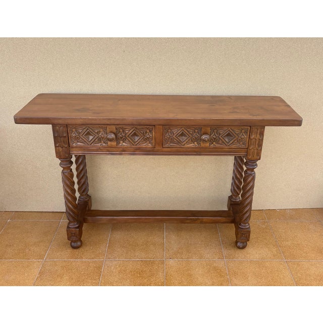 Wood Spanish Carved Console Table with Barley Twist Legs and Two Drawers, 1930s For Sale - Image 7 of 12