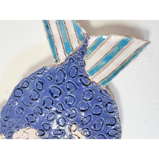 Rustic Mid 20th Century Handmade Coastal Ceramic Fish Wall Plaque | Blue & White Textured Pottery Sculpture For Sale - Image 3 of 9