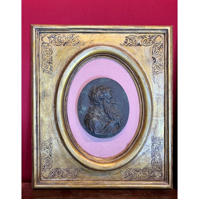 Gesso Medallions of Saints Peter and Paul in Gilded Oval Frames with Silk Panels, 1890s For Sale - Image 9 of 18