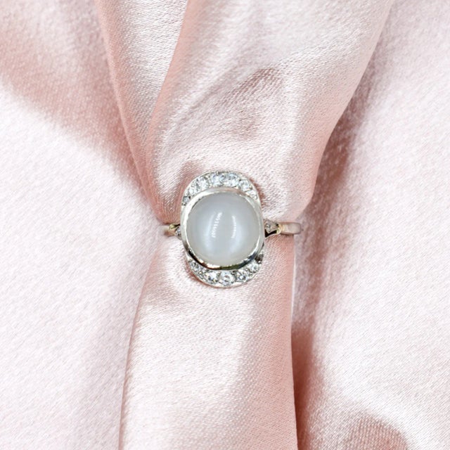 Early 20th Century Art Deco Gold Moonstone Diamond Ring, Size 7 For Sale - Image 5 of 5