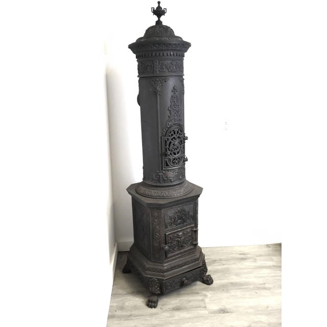 Black Antique European Ornate Cast Iron Parlor Stove Heater With Urn Finial & Paw Feet, C. 1890 For Sale - Image 8 of 12