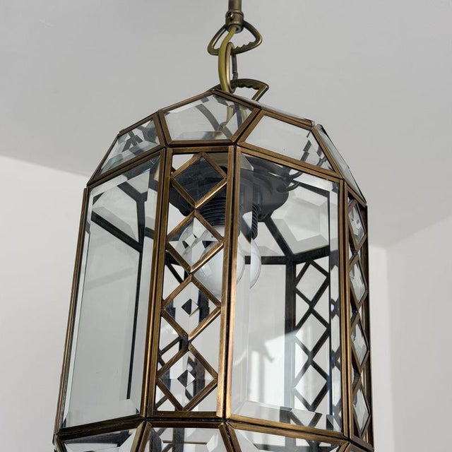 Art Deco Italian Revival Brass and Beveled Glass Lantern, 1970s For Sale - Image 18 of 18