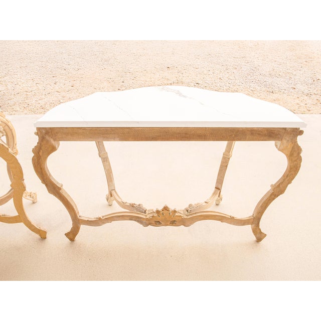 Bleached and Washed Baroque Style Console Tables With Carrara Quartz Tops, Pair For Sale - Image 12 of 13