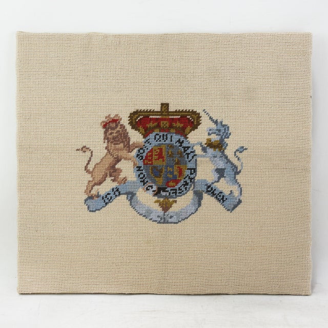 Vintage British Royal Coat of Arms Needlework Lion and Unicorn Heraldic Wall Art For Sale In New York - Image 6 of 6