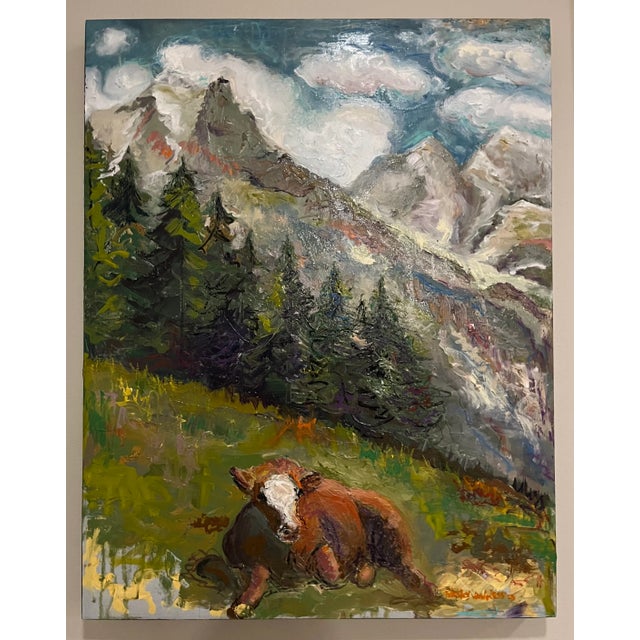 Impressionist "Cow in the Swiss Alps", Original Oil Painting, by Van Ness For Sale - Image 3 of 9