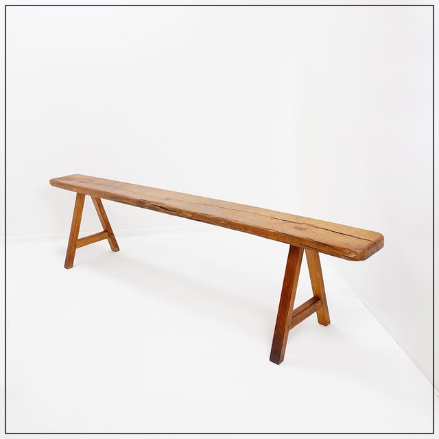 Rustic Wood Farmhouse Bench with Trestle Legs, 1960s For Sale - Image 18 of 18