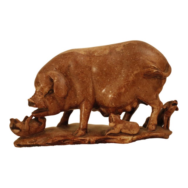 Antique Late Qing Chinese Shoushan Soapstone Sculpture of a Sow With Piglets, Signed For Sale