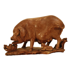 Antique Late Qing Chinese Shoushan Soapstone Sculpture of a Sow With Piglets, Signed