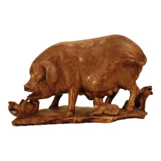Early 20th Century Late Qing Carved Shoushan Soapstone Sculpture of a Sow With Piglets, Signed For Sale