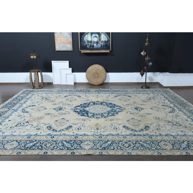 1970s Vintage Persian Handmade Wool Cotton Beige Area Rug For Sale - Image 10 of 11