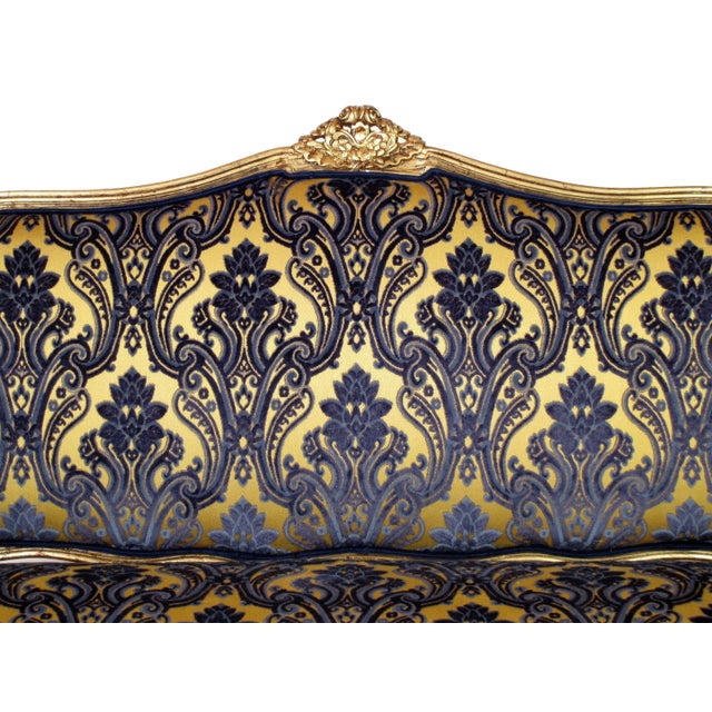 1900 - 1909 Gilded Louis XV Navy Damask Velvet Sofa For Sale - Image 5 of 10