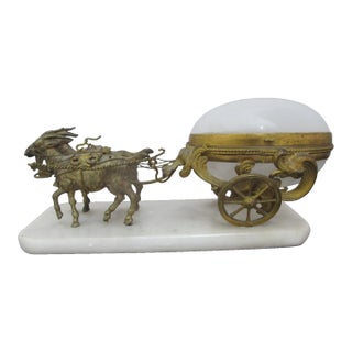 Antique French Gilt Metal Opaline Glass Egg Goat Goat Cart Trinket Box For Sale