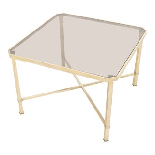 Solid Polished Brass Square X Base Side Coffee Table with Smoked Glass top For Sale