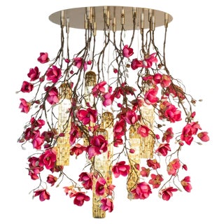 Large Flower Power Fuchsia Magnolia Round Chandelier with 24k Gold Pipes from VGnewtrend, Italy For Sale