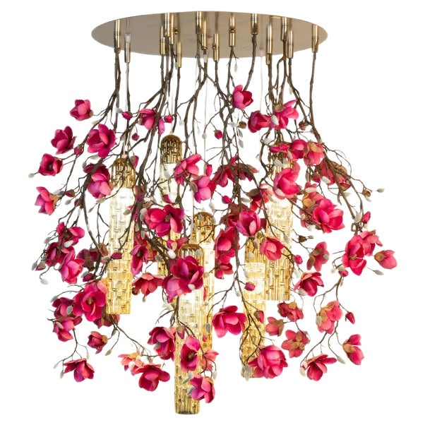 Large Flower Power Fuchsia Magnolia Round Chandelier with 24k Gold Pipes from VGnewtrend, Italy For Sale