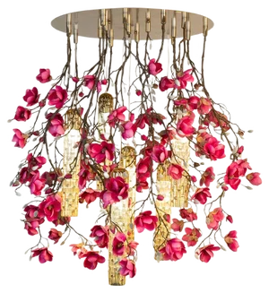Large Flower Power Fuchsia Magnolia Round Chandelier with 24k Gold Pipes from VGnewtrend, Italy