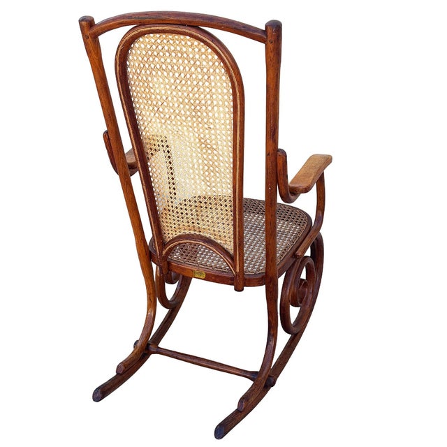 Wood Mid-Century Portuguese Bent Oak & Caine Scrolling Rocking Chair No. 5585 For Sale - Image 7 of 11