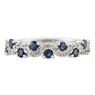 Natural Blue Sapphire & Diamond Wavy Half-Eternity Band Ring Size 6.5 in 14k Gold For Sale