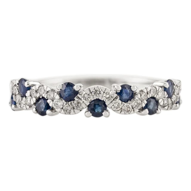 Natural Blue Sapphire & Diamond Wavy Half-Eternity Band Ring Size 6.5 in 14k Gold For Sale