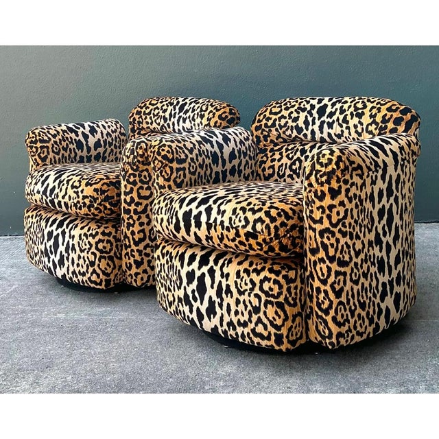 Late 20th Century Vintage Leopard Velvet Swivel Chairs - Pair For Sale - Image 5 of 11