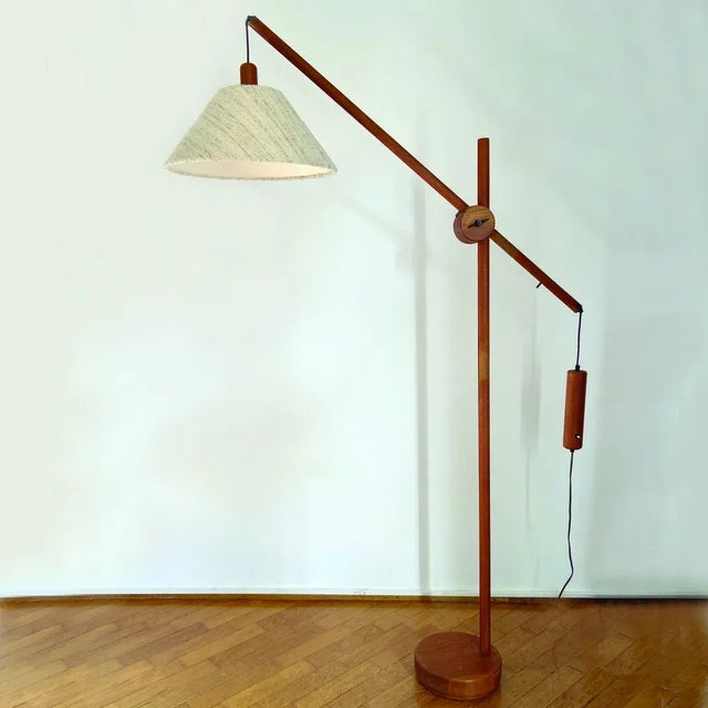 Scandinavian Teak Counter Balance Floor Lamp with Silk Shade For Sale - Image 10 of 10