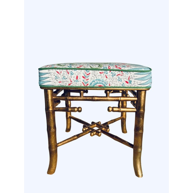 Gold Chinese Chippendale Giltwood Faux Bamboo Bench in Quadrille Les Indiennes For Sale - Image 8 of 18