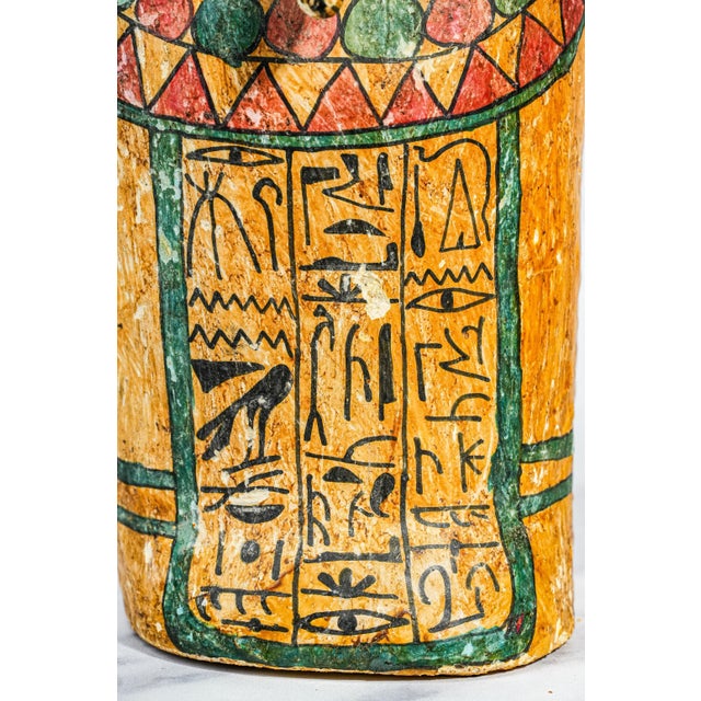 Turquoise Colorful Vintage Egyptian Painted Wood Sarcophagus Box For Sale - Image 8 of 16