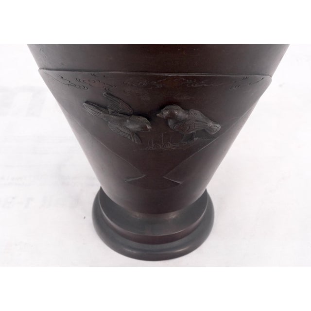 large Brass or Bronze Asian Two Handles Vase Urn Birds Motif Reliefs Clean! Nice Bronze Patina.