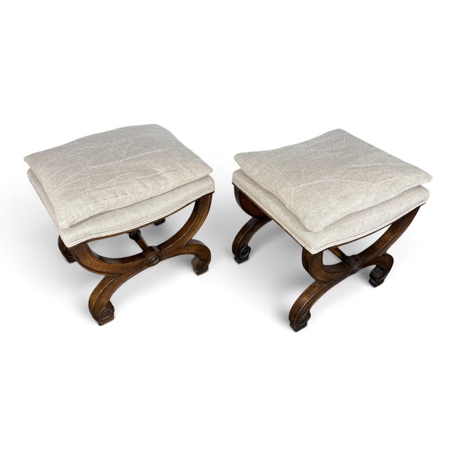 A good quality pair of French Classical Style X-leg Benches / Footstools. Pillow tops, Pad Feet, and turned center...