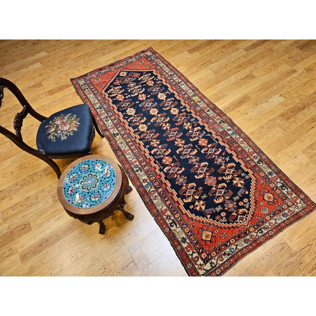 Vintage Persian Malayer Runner Rug, Hand-Knotted Wool, Geometric Pattern, 4x9, Navy & Red For Sale - Image 12 of 12