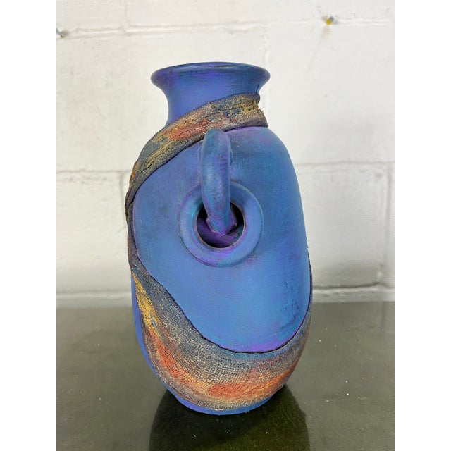 1980s Studio Art Pottery Raku Amphora Vase in Iridescent Cobalt Blue For Sale - Image 4 of 6