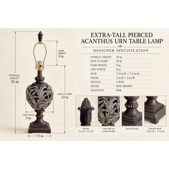 Contemporary Vintage Transitional Pierced Acanthus Urn Table Lamp With Natural Linen Shade For Sale - Image 3 of 6