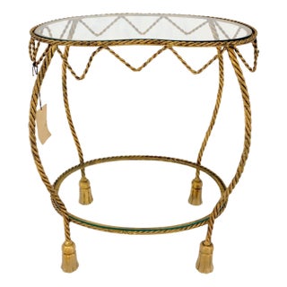 Italian Gold Gilt Steel Rope Style Kidney Shape Glass top Side Lamp Table Mint For Sale