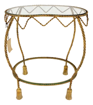 Italian Gold Gilt Steel Rope Style Kidney Shape Glass top Side Lamp Table Mint