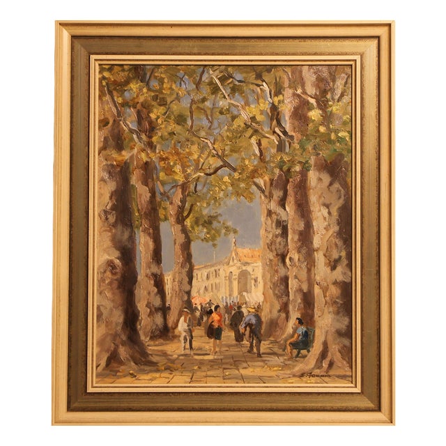Erich Demmin, Summer Promenade with Figures, 20th Century, Oil on Canvas, Framed For Sale