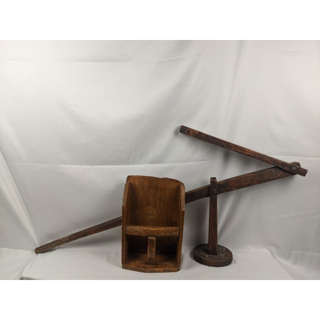 19th Century American Primitive Wooden Grain Scoop With Folding Support Arm & Iron Hanger For Sale - Image 16 of 18