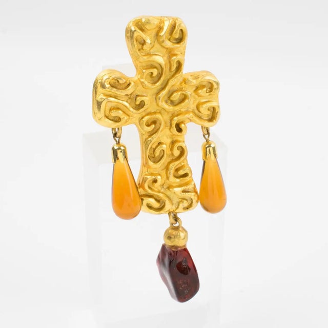 1980s Edouard Rambaud Byzantine Gilded Metal Cross Brooch with Amber Resin Drops For Sale - Image 5 of 8