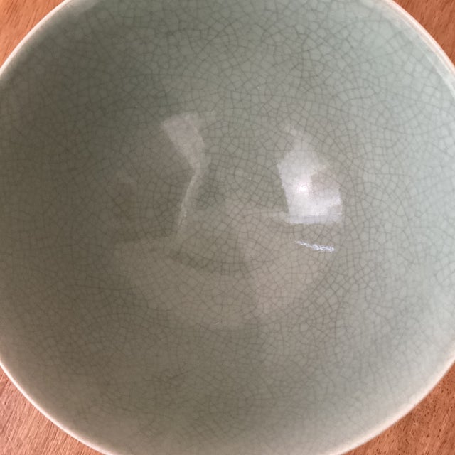 Vintage Korean Porcelain Crackle Celadon Glazed Bamboo Motif Matcha Tea Bowl (Chawan) For Sale In Chicago - Image 6 of 12