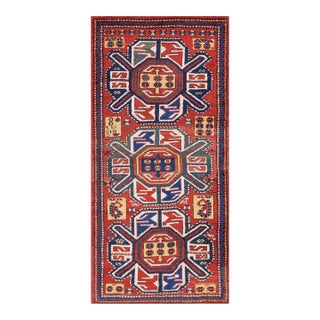 1890s Red Geometric Tribal Antique Caucasian Kazak Rug 3' X 6' Handknotted Wool Carpet For Sale