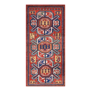 1890s Red Geometric Tribal Antique Caucasian Kazak Rug 3' X 6' Handknotted Wool Carpet