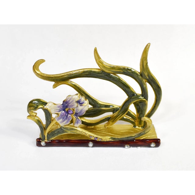 Late 20th Century Vintage Enamel Rhinestones Flower Brass Desktop Business Card Holder For Sale - Image 5 of 8