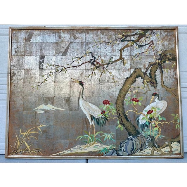 1920s Large Japanese Chinoiserie Crane Painting on Wood Panel W/ Silver, Gold, & Copper Leaf — Art Deco Framed For Sale - Image 4 of 18