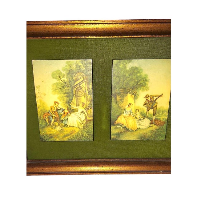 Late 20th Century Vintage Hanging Art 2 Prints Green Velvet Florentine Style Gold Framed 10 X 13 Inches For Sale - Image 5 of 10