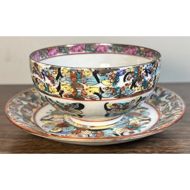 Chinese Vintage 1970’s Chinese Export Porcelain Thousand Butterflies Teacup and Saucer For Sale - Image 3 of 8
