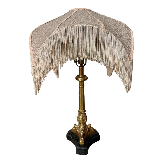 Mid 20th Century Victorian Footed Marble and Brass Table Lamp With Fabric Fringe/Tassel Lamp Shade For Sale
